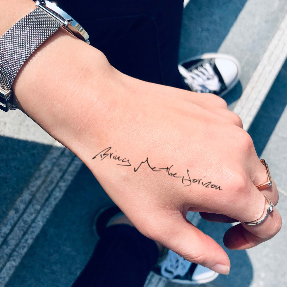 Bring Me the Horizon custom temporary tattoo sticker design idea inspiration meanings removal arm wrist hand words font name signature calligraphy lyrics tour concert outfits merch accessory gift souvenir costumes wear dress up code