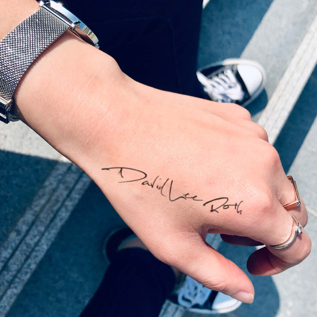 David Lee Rot custom temporary tattoo sticker design idea inspiration meanings removal arm wrist hand words font name signature calligraphy lyrics tour concert outfits merch accessory gift souvenir costumes wear dress up code