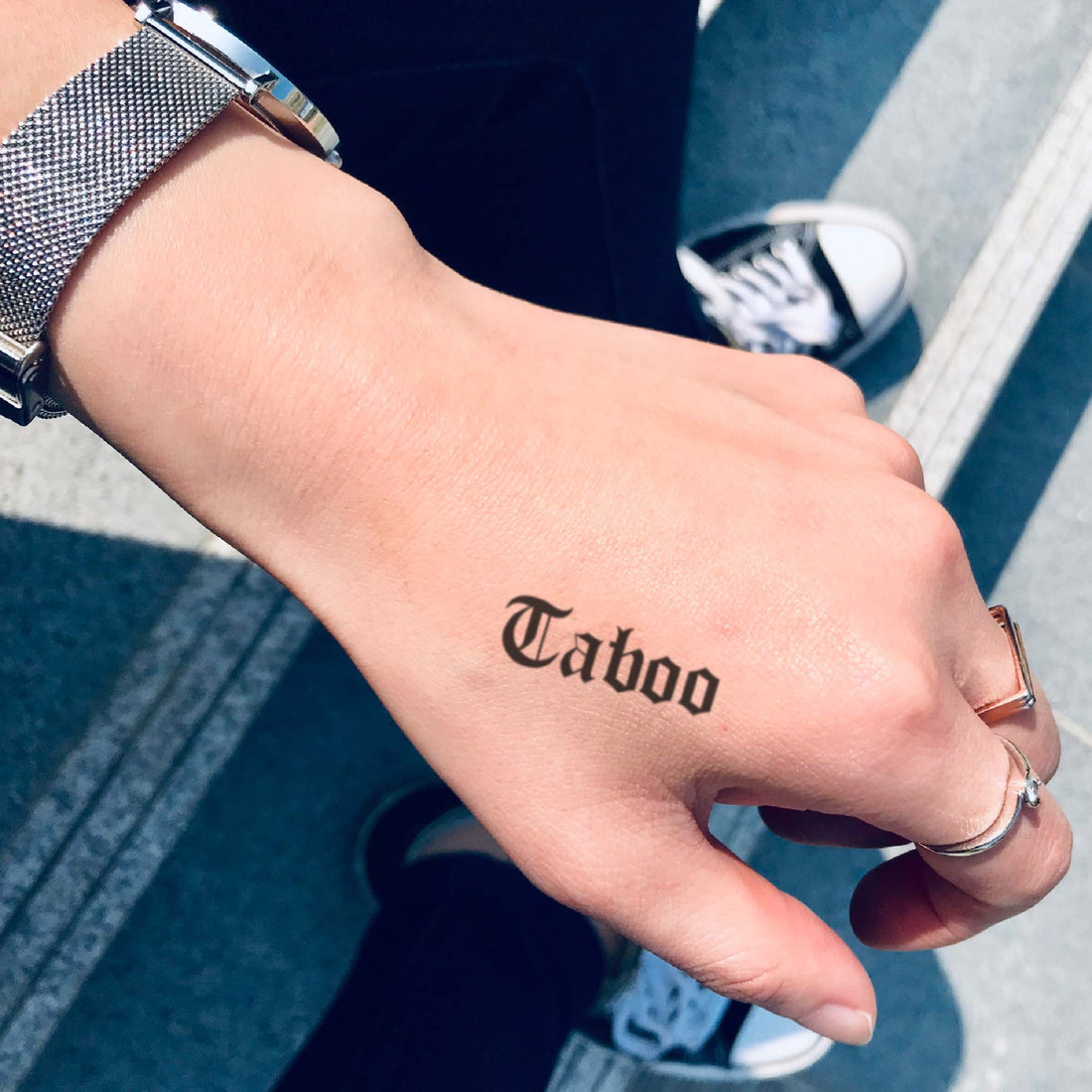 Taboo custom temporary tattoo sticker design idea inspiration meanings removal arm wrist hand words font name signature calligraphy lyrics tour concert outfits merch accessory gift souvenir costumes wear dress up code