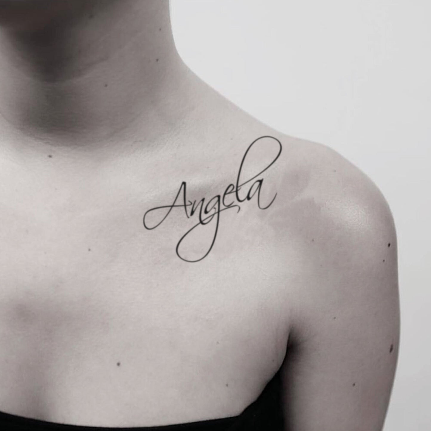 fake medium angela lettering temporary tattoo sticker design idea on shoulder