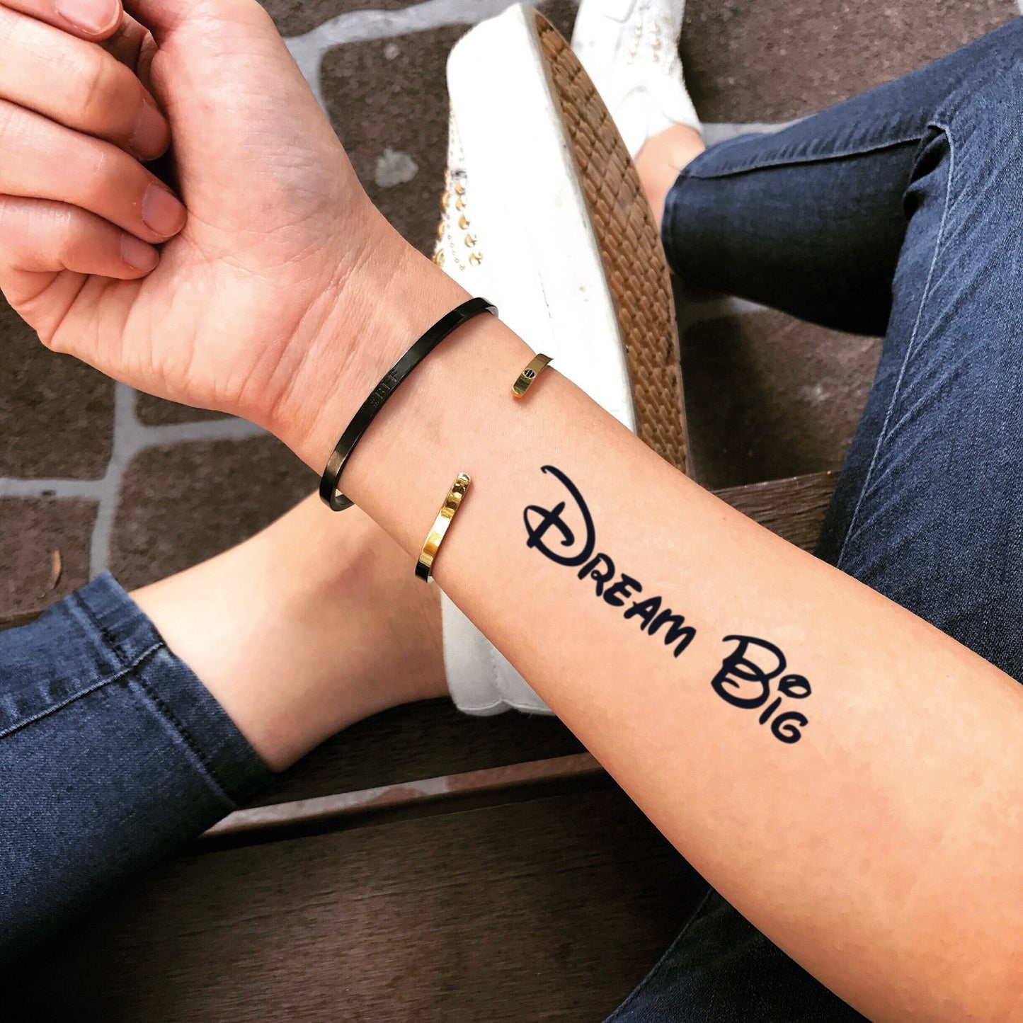 fake medium dream big lettering temporary tattoo sticker design idea on forearm