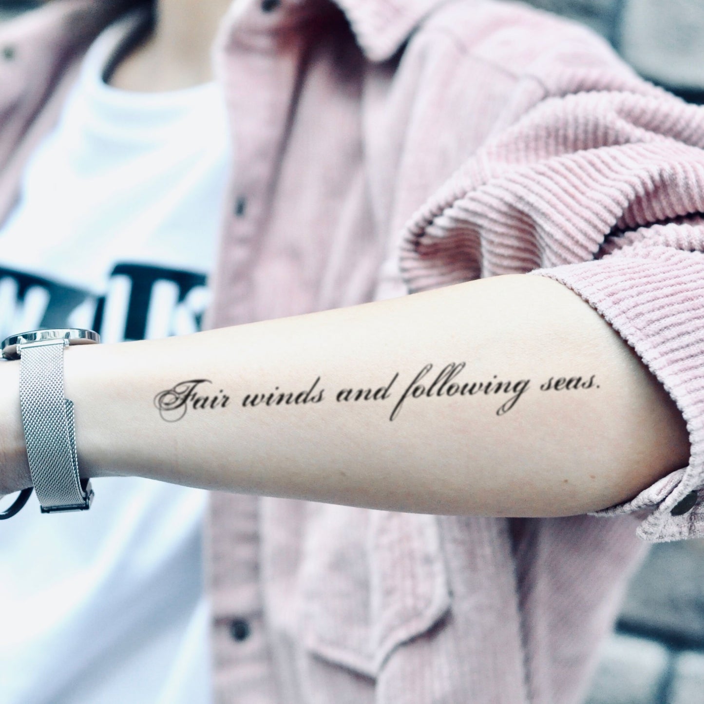 fake medium fair winds and following seas lettering temporary tattoo sticker design idea on forearm