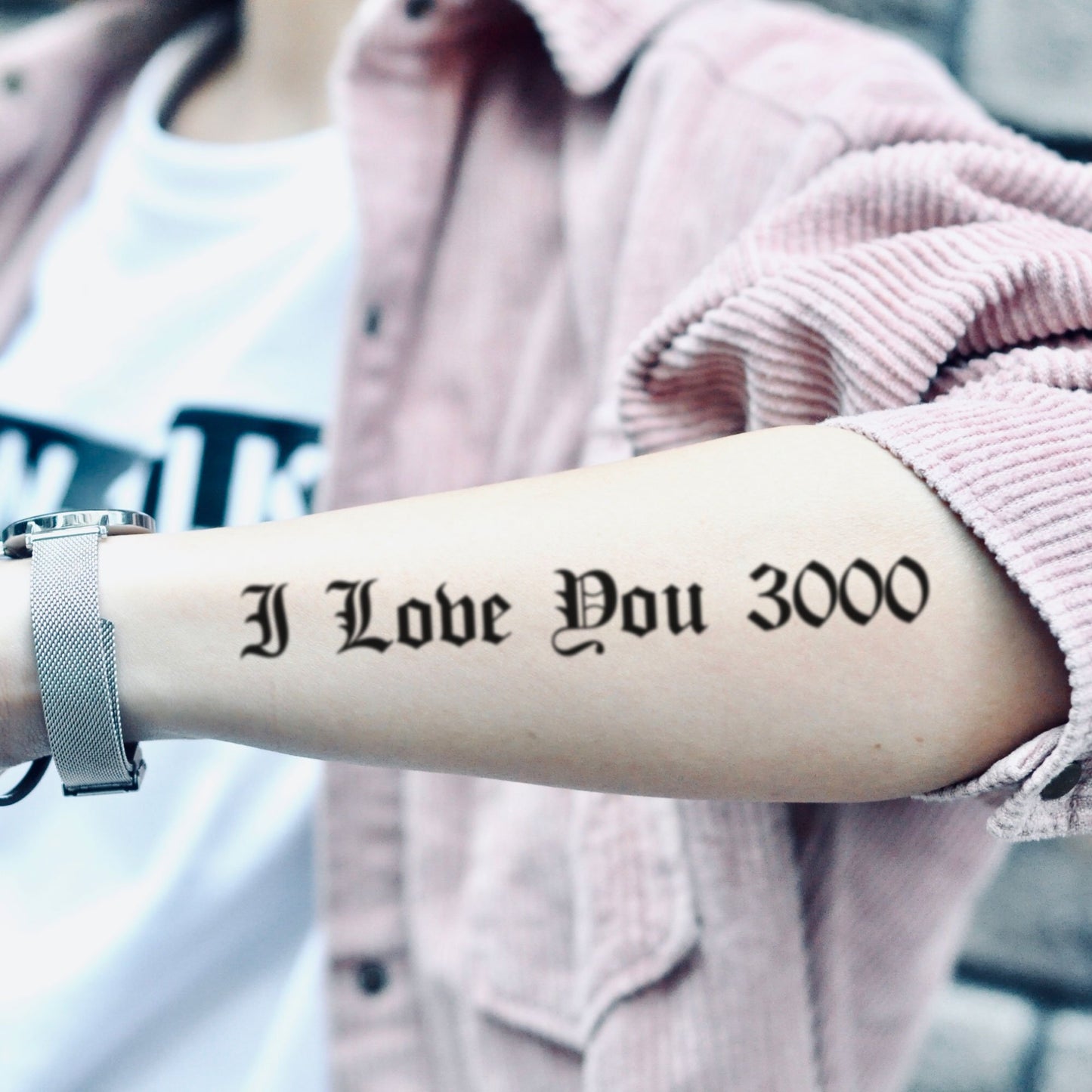 fake medium i love you 3000 lettering temporary tattoo sticker design idea on forearm