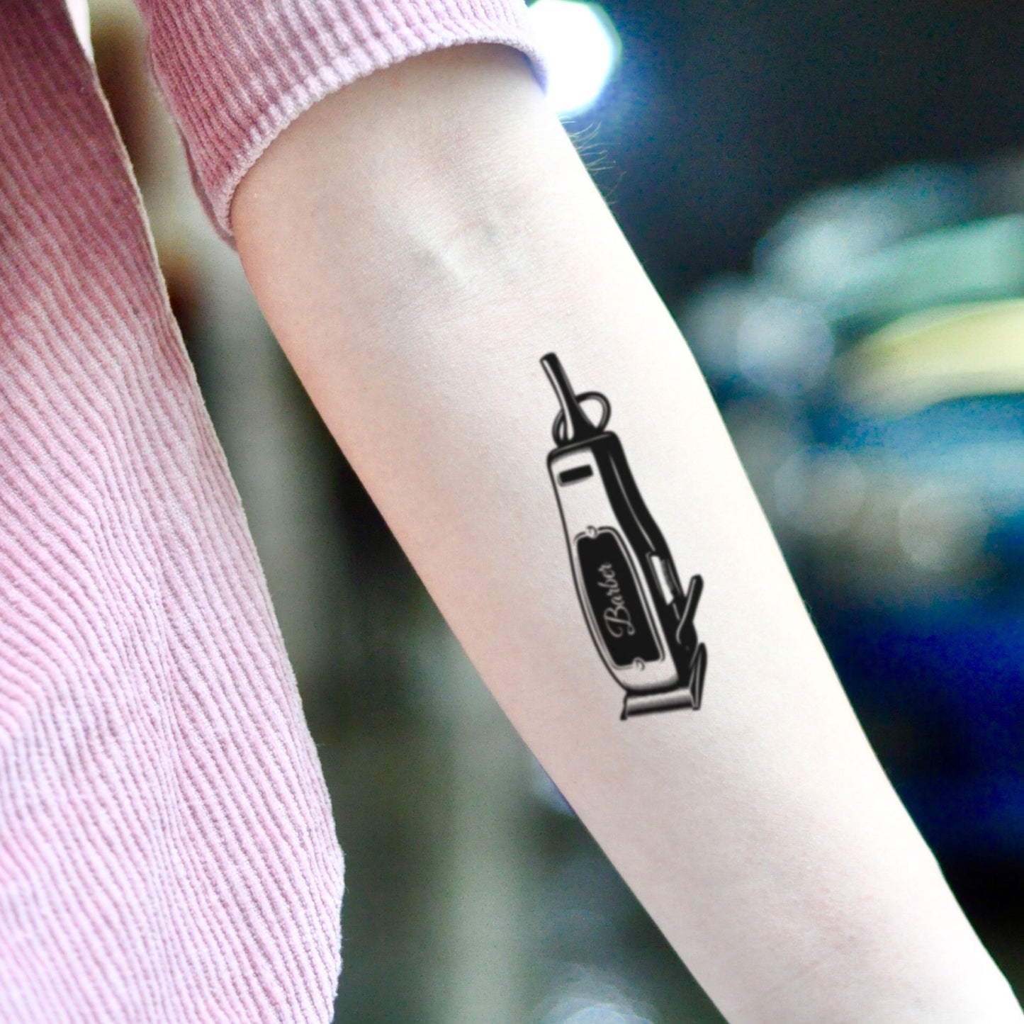 fake small barber clipper vintage temporary tattoo sticker design idea on inner arm
