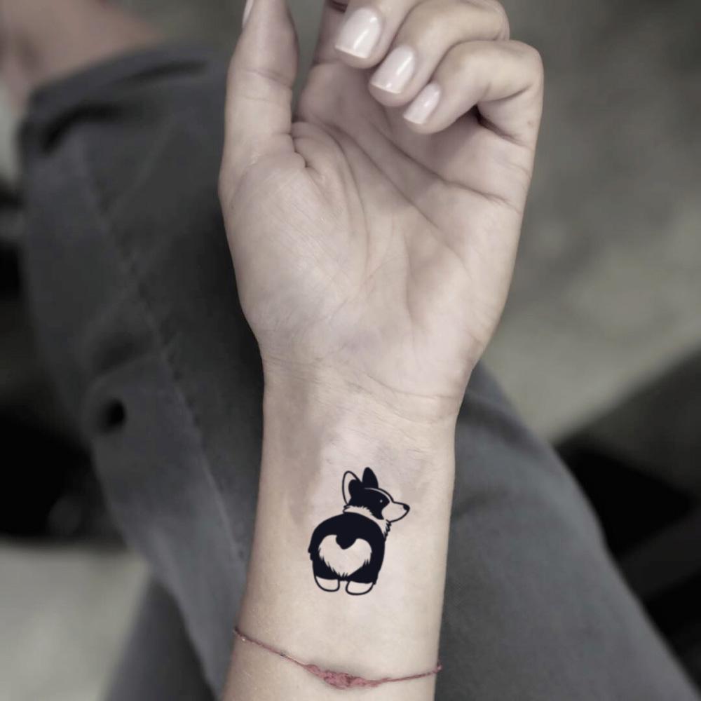 fake small corgi dog animal temporary tattoo sticker design idea on wrist