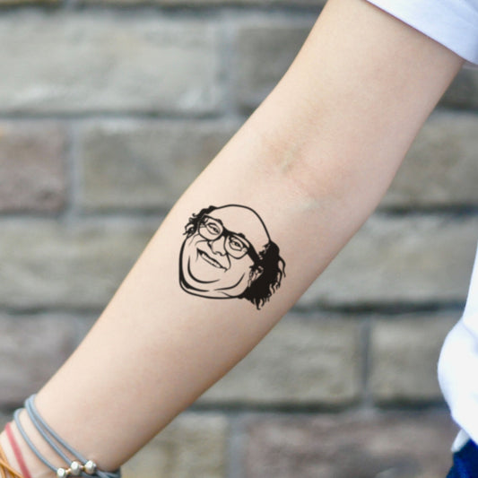 fake small danny devito Portrait temporary tattoo sticker design idea on inner arm