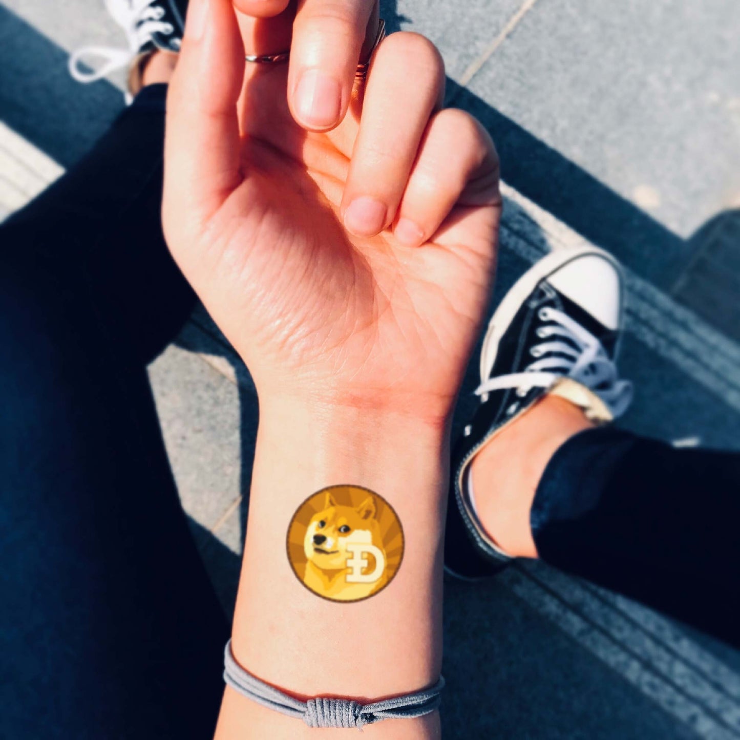fake small dogecoin shiba inu dog cryptocurrency logo meme elon musk coin color temporary tattoo sticker design idea on inner arm