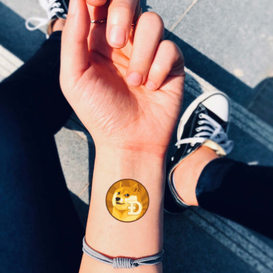 fake small dogecoin shiba inu dog cryptocurrency logo meme elon musk coin color temporary tattoo sticker design idea on inner arm