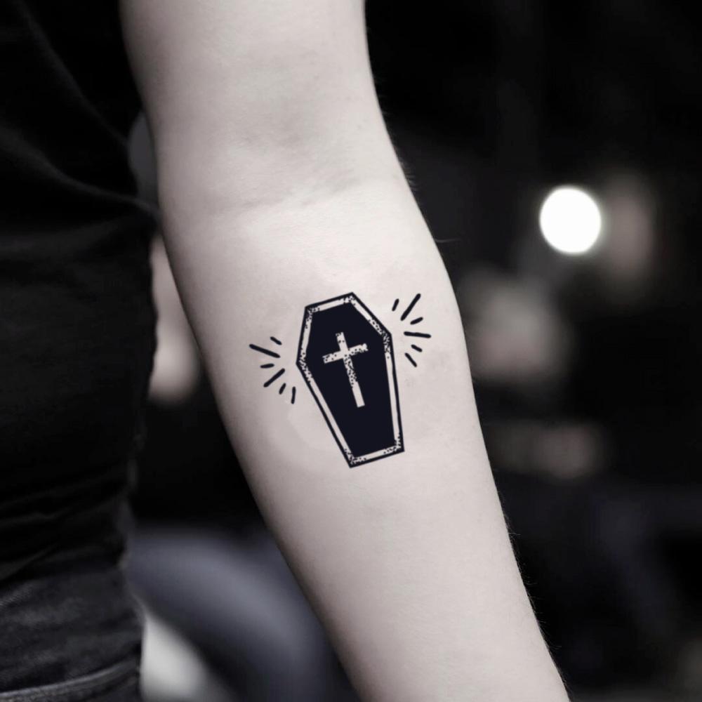 fake small halloween costume coffin casket vintage temporary tattoo sticker design idea on inner arm