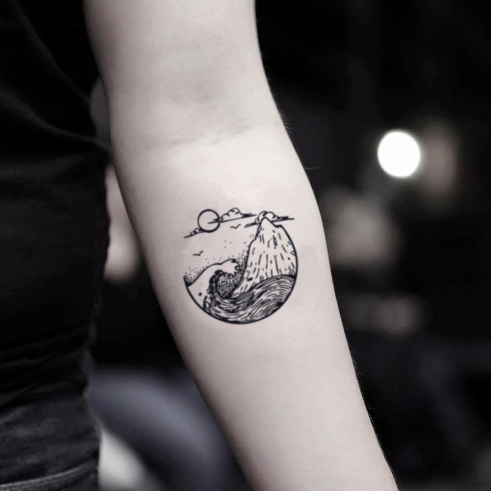 fake small mountain ocean cliff machu picchu yosemite nature temporary tattoo sticker design idea on inner arm