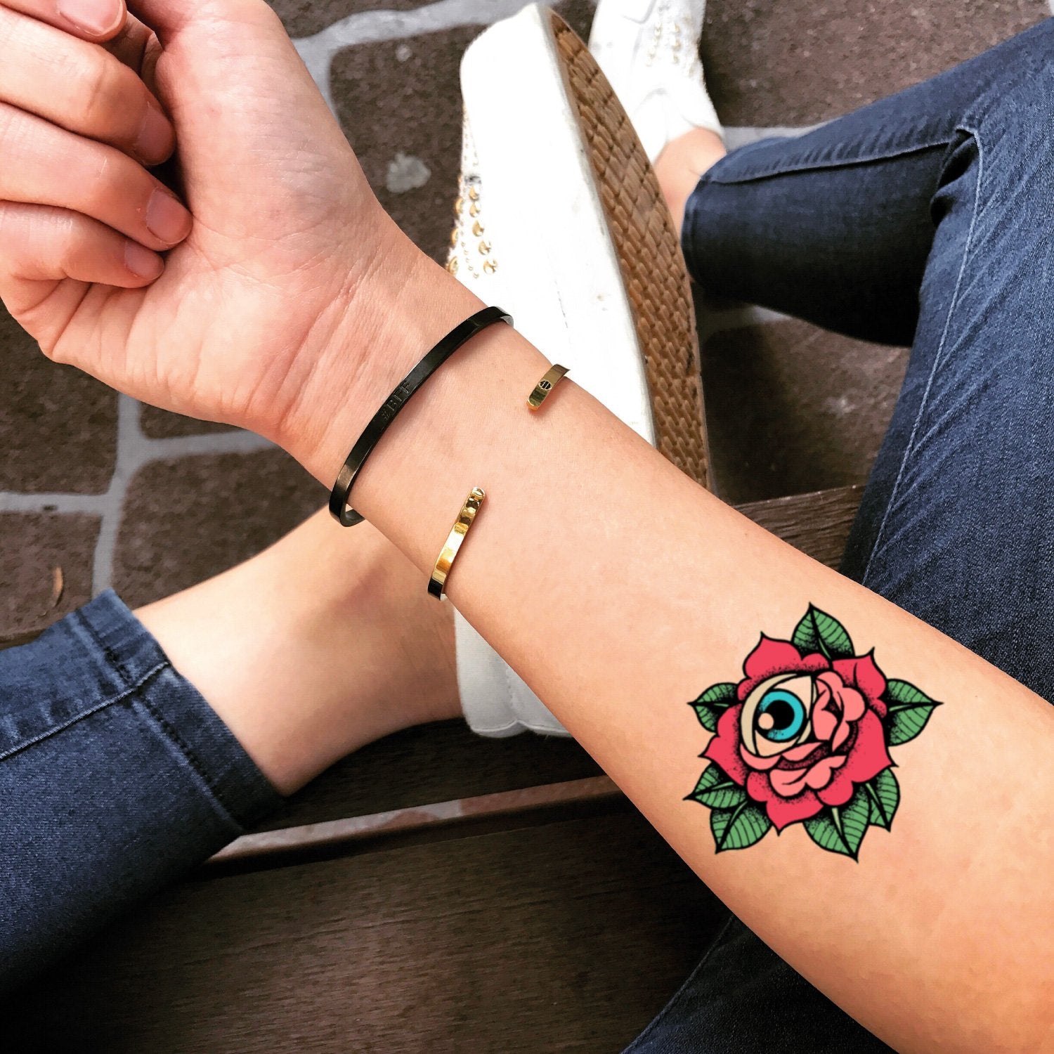fake small old school english japanese pink rose of jericho vintage color flower temporary tattoo sticker design idea on forearm