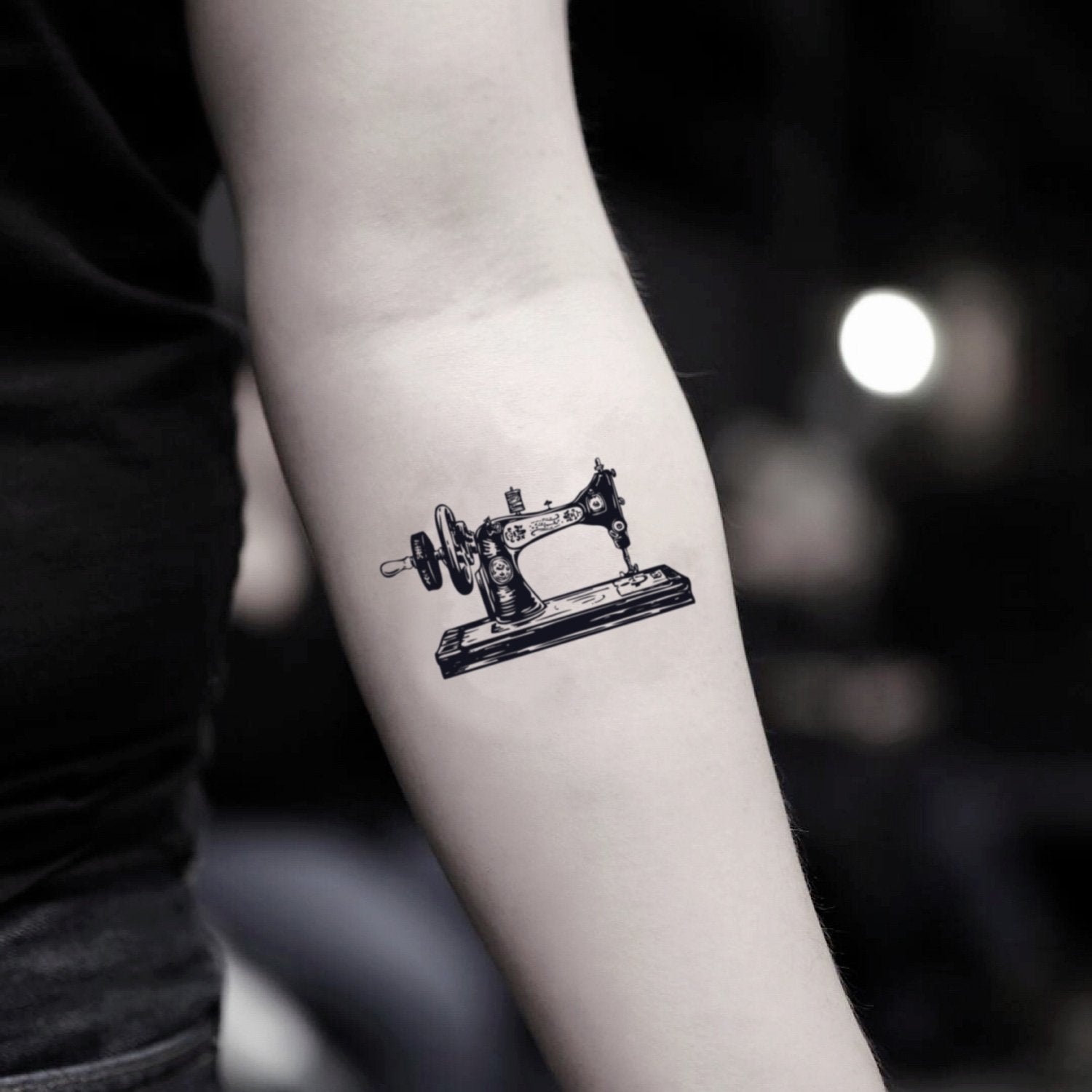 fake small sewing machine vintage temporary tattoo sticker design idea on inner arm
