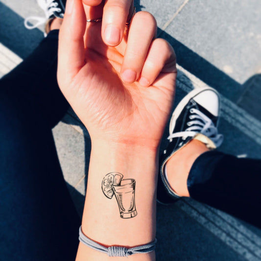 fake small tequila shot drink outline food temporary tattoo sticker design idea on wrist