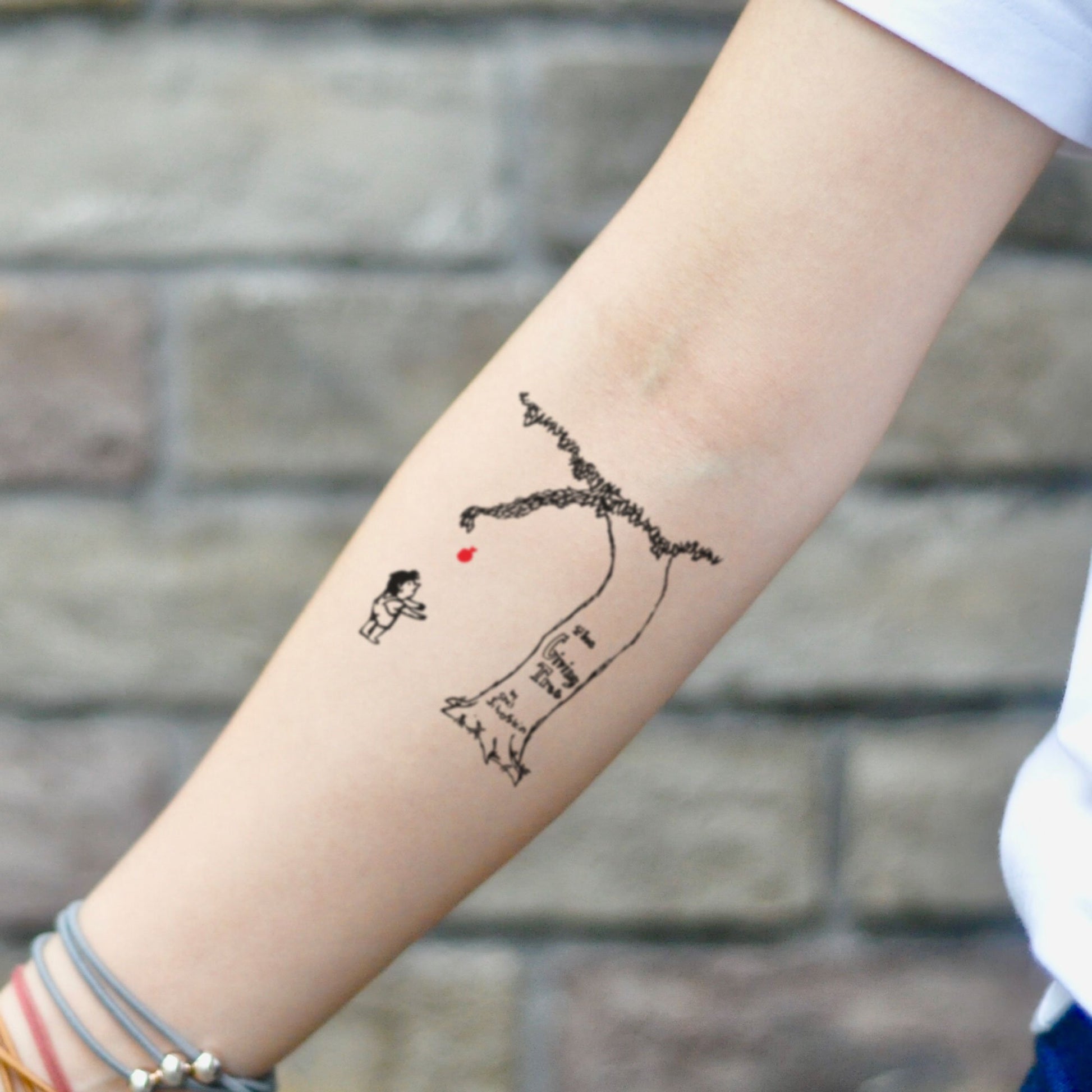 fake small the giving tree illustrative temporary tattoo sticker design idea on inner arm