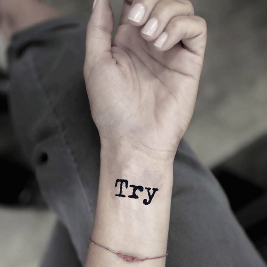 fake small try lettering temporary tattoo sticker design idea on wrist